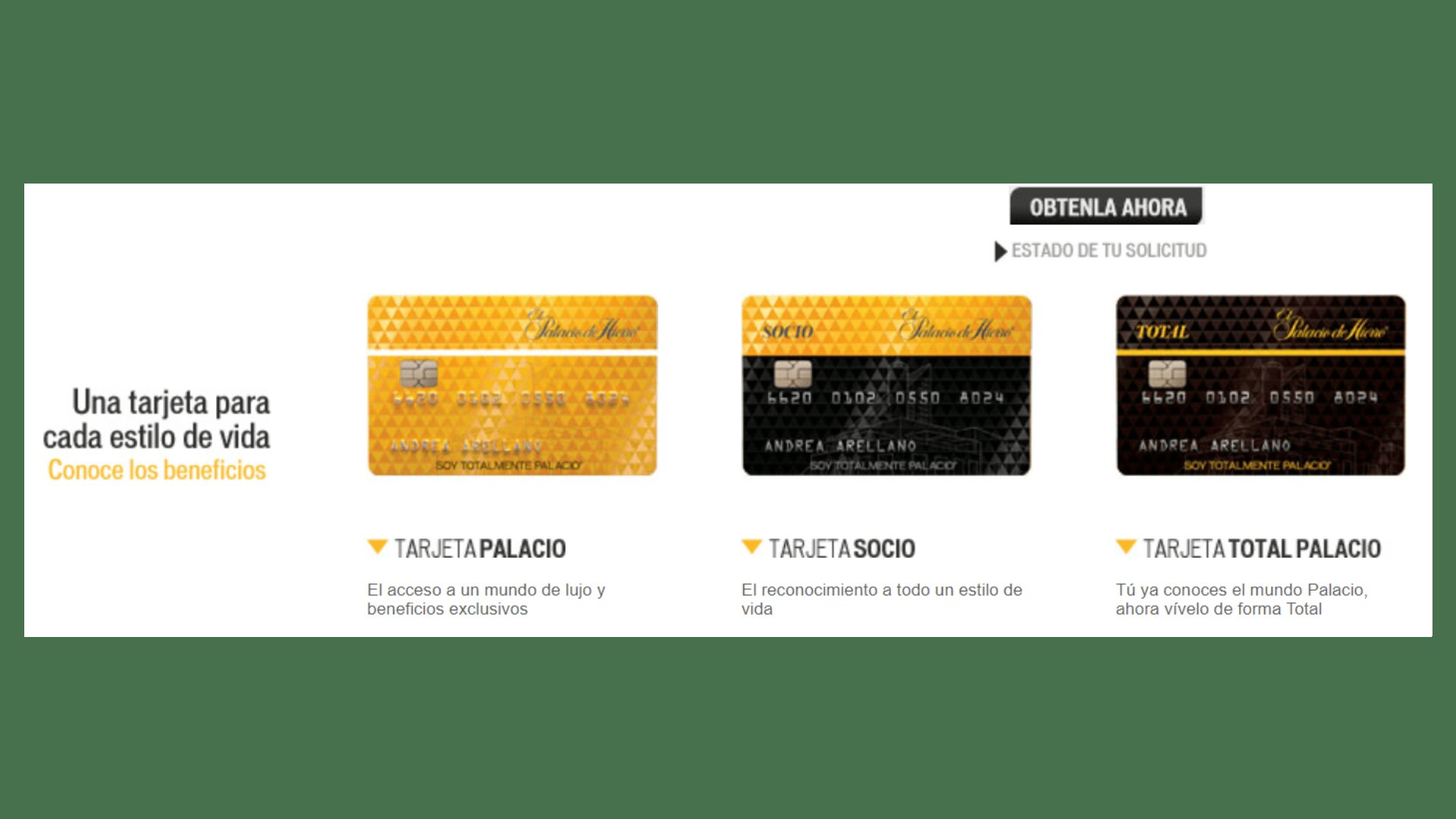 Tipos de tarjetas Palacio y sus características